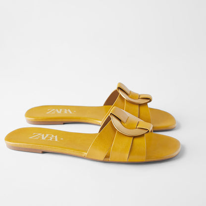 Metal Square Decor Faux Leather Summer Slipper For Women