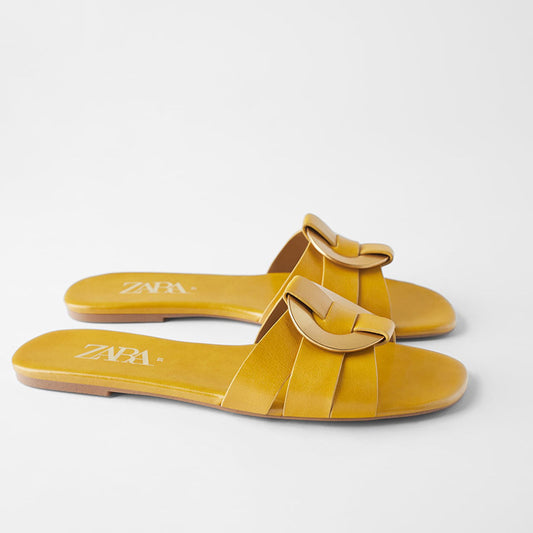 Metal Square Decor Faux Leather Summer Slipper For Women