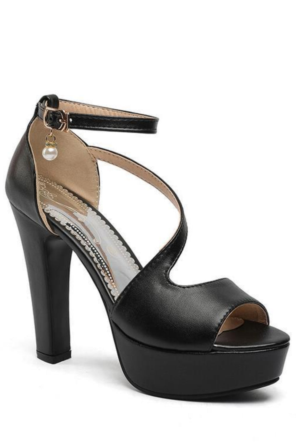 Black high-heeled sandal with open toe on a white background