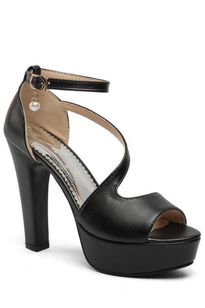Black high-heeled sandal with open toe on a white background