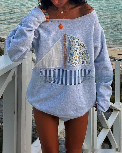 Off-Shoulder Sailboat Pullover – Two-Way Casual Sweater for Women