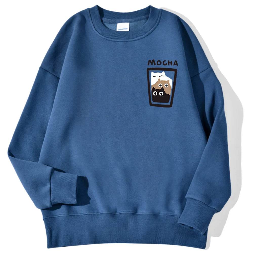 MOCHA Cat Cup Printed Crew Neck Sweatshirts