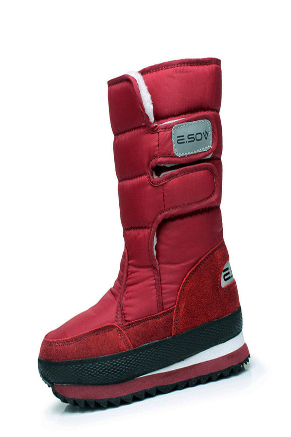 Red winter boot with a visible brand logo on a white background