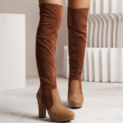 Elastic Suede Over-the-Knee Boots for Women | Square Heel High Shaft Winter Fashion Boots