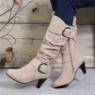High Tube Below-the-Knee Boots for Women | British Style Suede Boots with Short Thick Heel