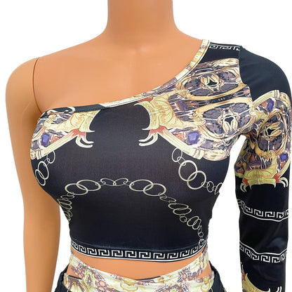 Single Sleeve Printed Top & Irregular Mini Skirt Two-Piece Outfit Set | Bold Style 2025 Aesthetic