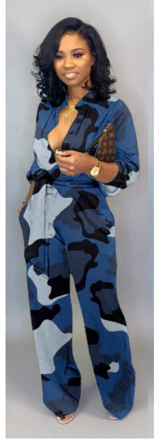 Womens Camouflage Long Sleeve Wide Leg Autumn Jumpsuit Rompers