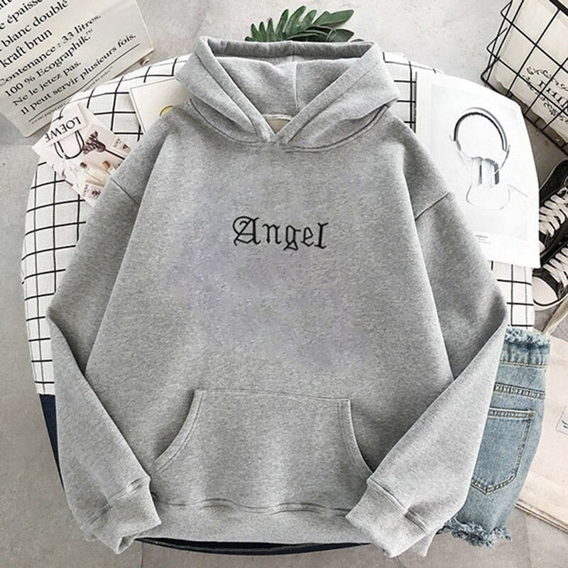 Korean Girl Angel Letter Print Sweatshirt – Trendy Hooded Cotton Hoodie