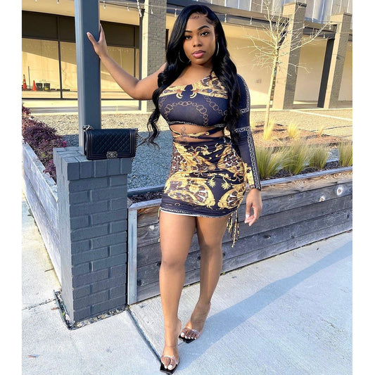 Single Sleeve Printed Top & Irregular Mini Skirt Two-Piece Outfit Set | Bold Style 2025 Aesthetic