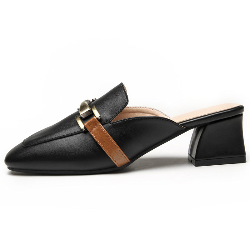Square Toe Thick Heel Comfortable Slippers For Women