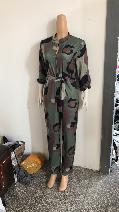 Womens Camouflage Long Sleeve Wide Leg Autumn Jumpsuit Rompers