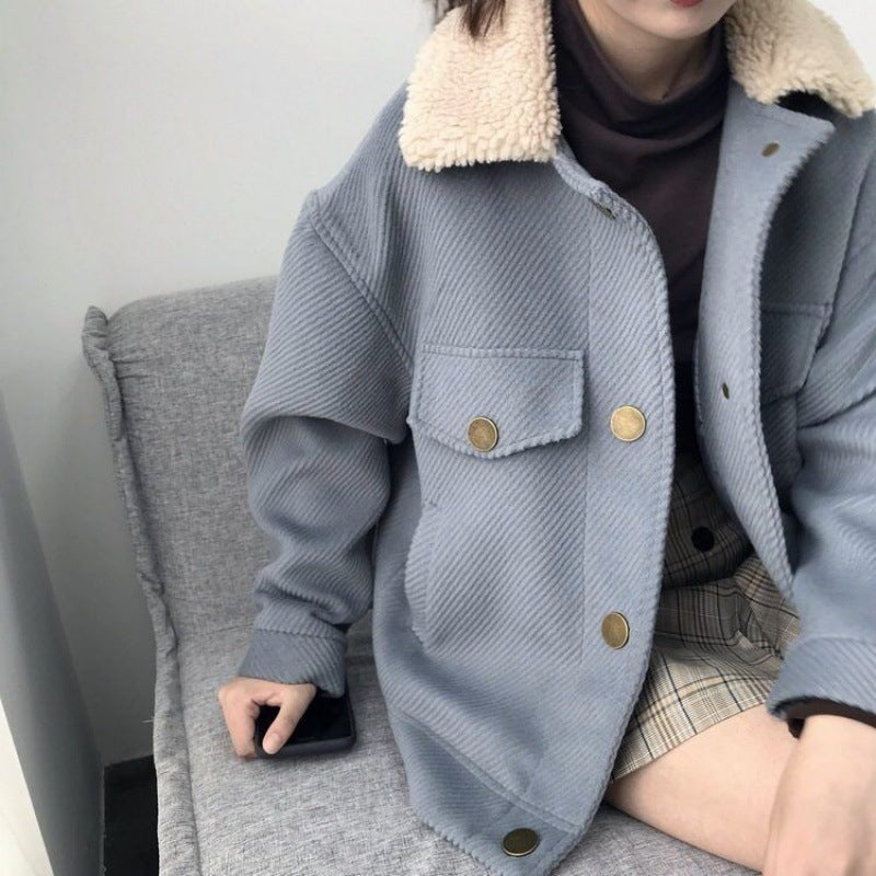 Short Woolen Coat with Lamb Fur Collar – Coats Outfits Women & Cozy Winter Chic