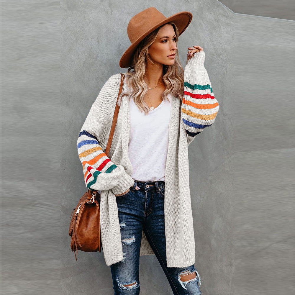 Rainbow Striped Cardigan Sweater for Women – Colorful Polyester Pullover, Cute Casual & Winter Outfit