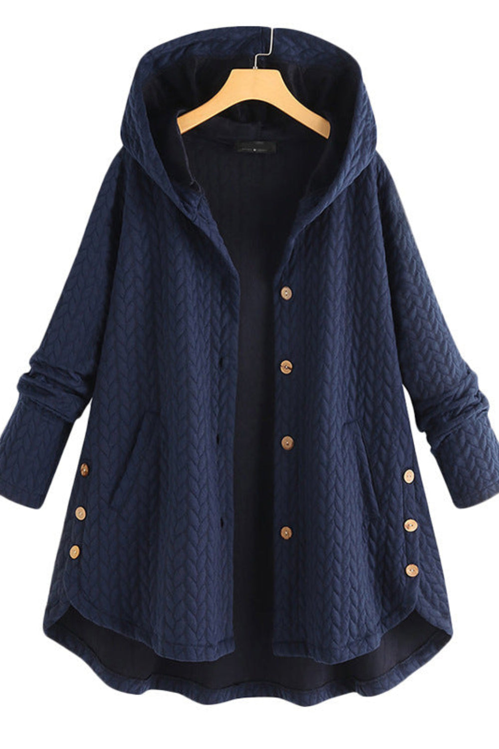 Navy blue quilted coat with gold buttons on a white background