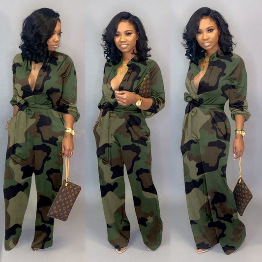 Womens Camouflage Long Sleeve Wide Leg Autumn Jumpsuit Rompers