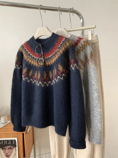 Contrasting Jacquard Wool Knit Sweater – Thick & Warm Autumn/Winter Pullover for Women, Loose Casual Fit