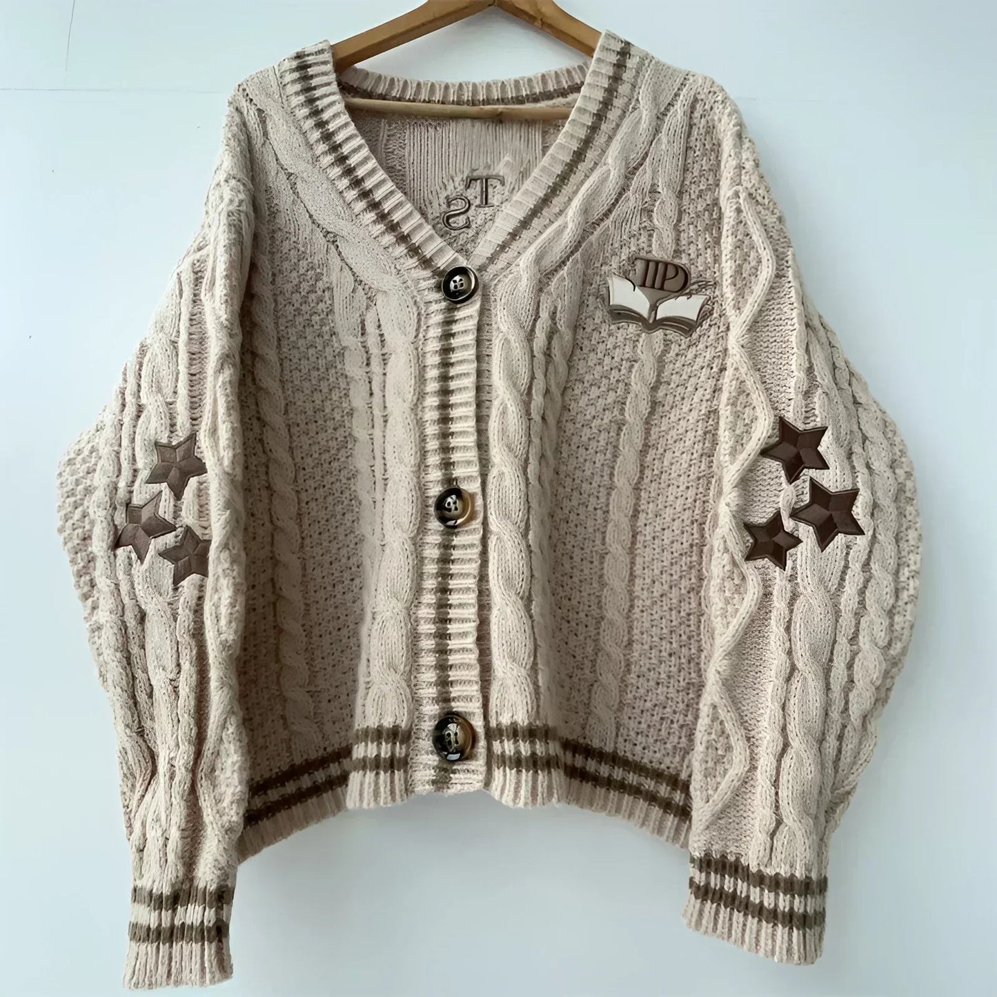 Butterfly Knitted Cardigan for Women – Beige Sweater with Brown Star Embroidery, V Neck Vintage Autumn Winter Tops