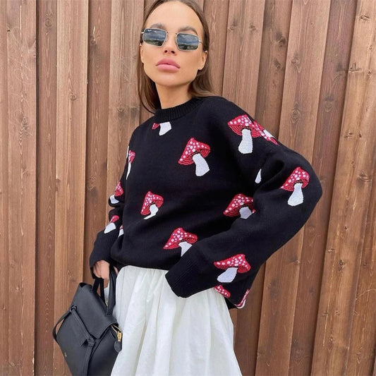 Mushroom Graphic Print Sweater – Trendy 2025 Fashion, Long Sleeve Plus Size Casual Streetwear Pullover for Women