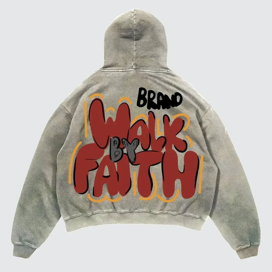 Gray hoodie with 'Walk by Faith' text on the back against a light gray background