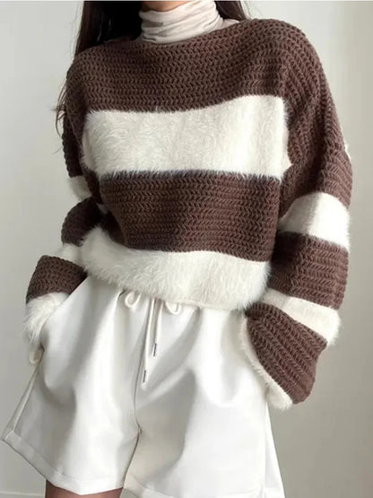 Women’s Striped Lantern Sleeve Pullover Sweater – Casual Winter Knit