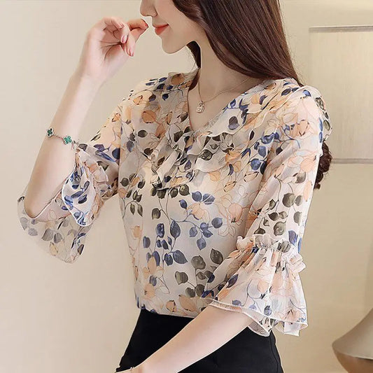 Short Flare Sleeve Plain O Neck Chiffon Women Blouse Top