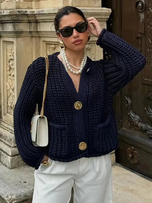 Chic Knitted Cardigan Pu Collar Loose Sweater For 2024 Autumn