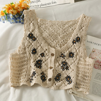 French Style Floral Pattern Crochet Sleeveless Crop Top