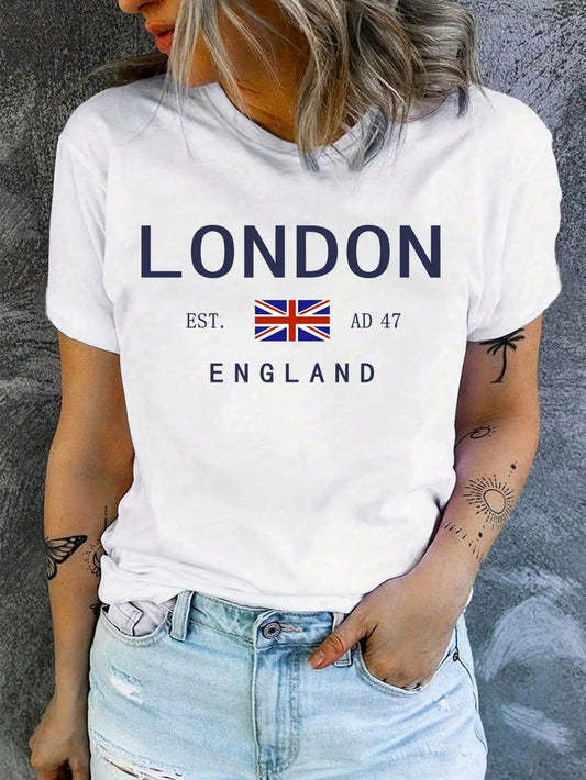 London England Flag Print Tee – Women’s Casual Short Sleeve T-Shirt, Street Style Outfit