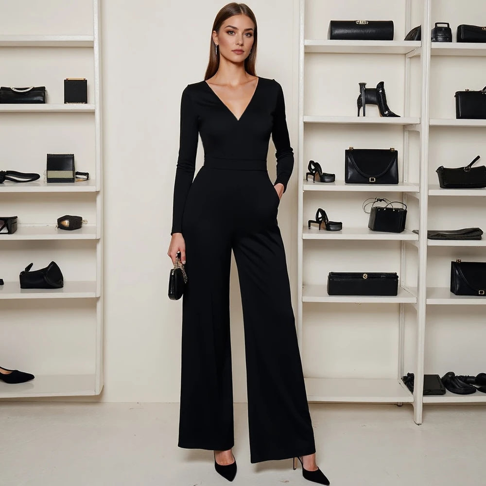 French Style Long Sleeve Black Jumpsuits