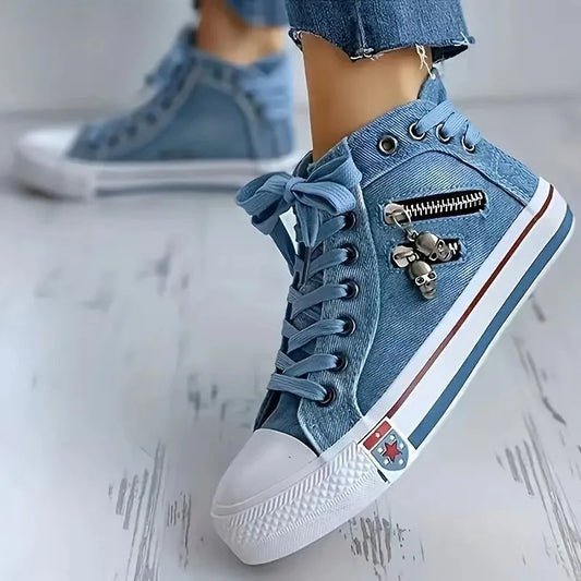 Women's High-Top Denim Sneakers – Skull Metal Decor Vintage Casual Shoes