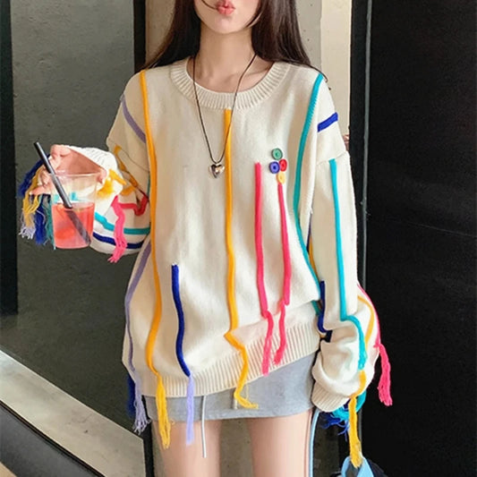 Winter Tassels Rainbow Striped Sweater Coat for Girls – Loose Oversized Y2K Knitted Pullover Jumper, Korean Fashion Top for Women