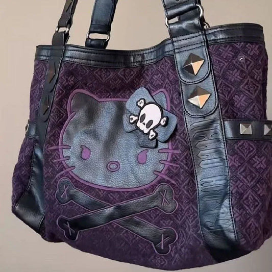 Sanrio Hello Kitty Y2K Vintage Patchwork Purple Armpit Bag – Sweet & Spicy Gothic Trend Handbag, Versatile Tote for Subculture Girls