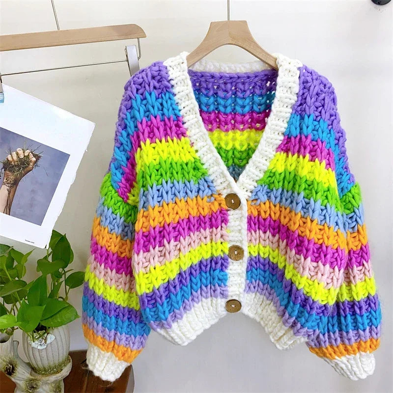 2025 Autumn Winter Cardigan Coat for Women – High Quality V-Neck Colorful Print Knitted Long Sleeve Casual Outerwear