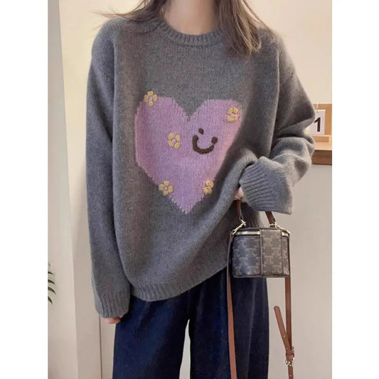 Vintage Heart Jacquard Sweater – Casual Loose Fit Round Neck Pullover for Women, Spring & Autumn Fashion