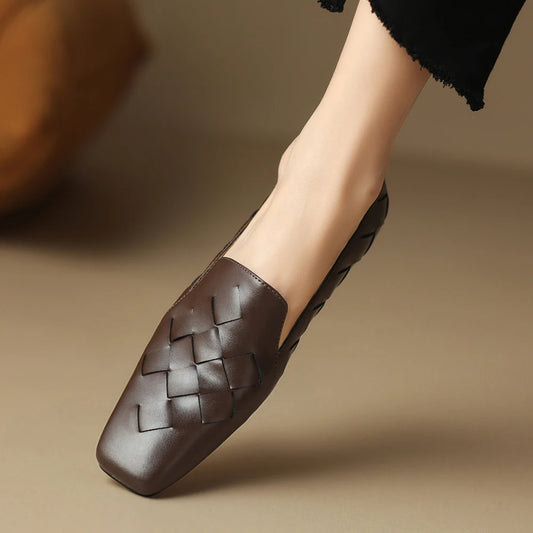 Handmade Genuine Leather Loafers | Vintage Square-Heel Slip-On Pumps for Women