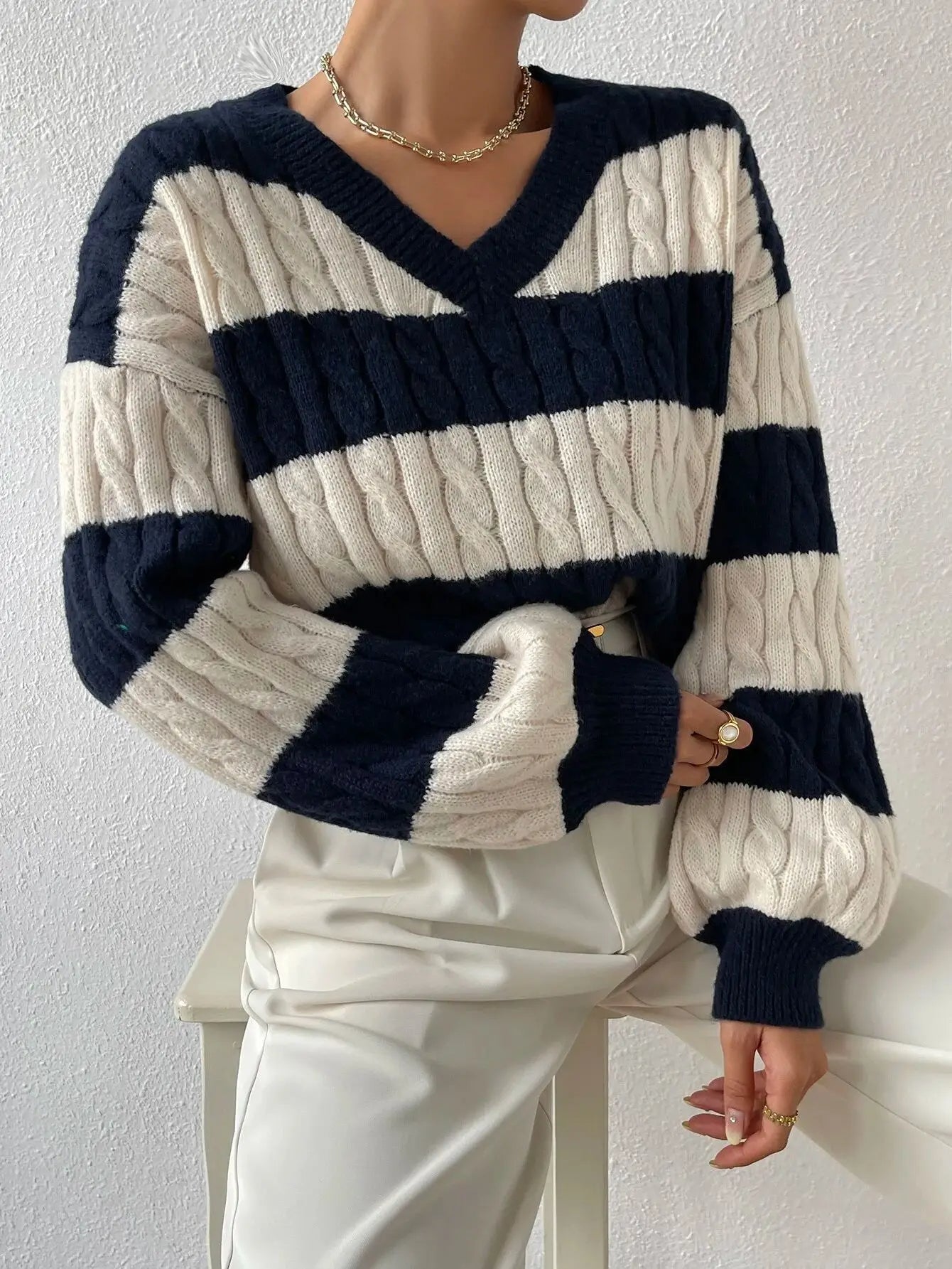 Autumn/Winter V-Neck Pullover Striped Sweater for Women – Loose & Comfortable Color Blocking Casual Trendy Knitted Tops