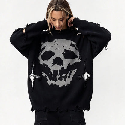 Alt Goth Halloween Style: Ripped Skull Sweater for October Nights