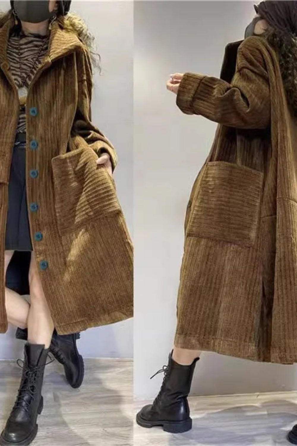 Brown corduroy coat worn by a person on a plain background