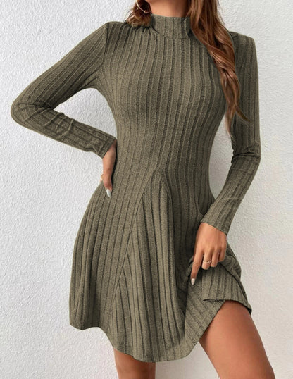 Elegant Long Sleeve Ribbed Mock Neck Solid Dress