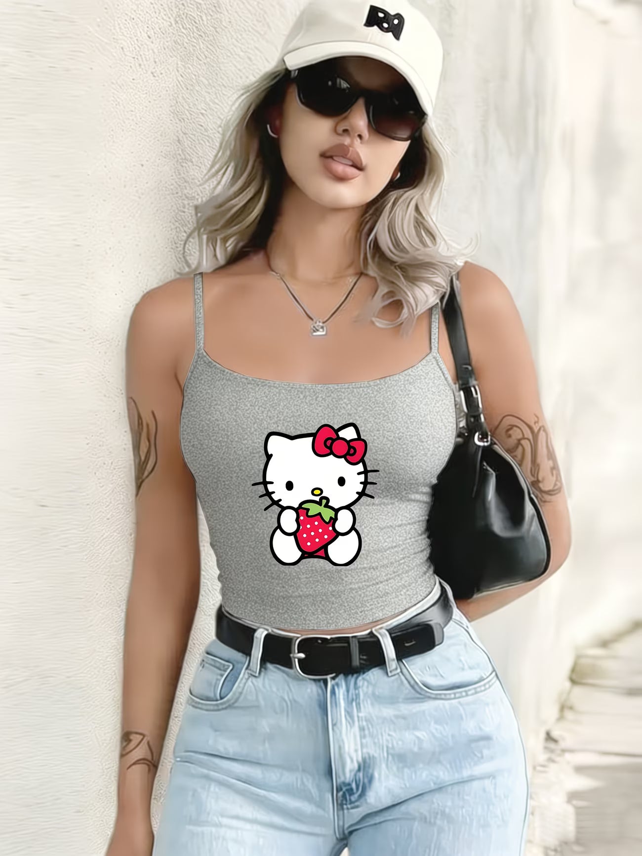 Y2K Aesthetic: Cute Hello Kitty Graphic Black Cropped Tank Top