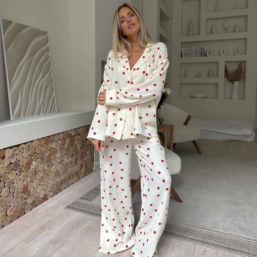 Women's Cotton Pajama Set – Summer Heart Print 2-Piece Sleepwear, Long Sleeve Button-Down Lapel Nightwear