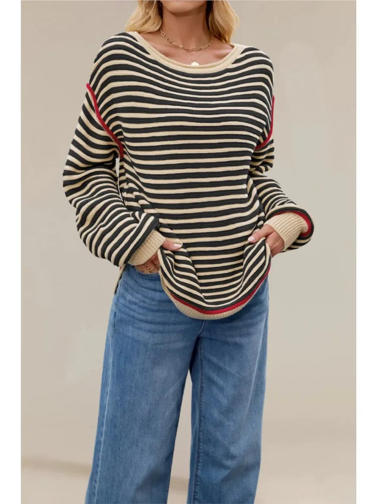 Women’s Striped Knit Pullover – Autumn Winter Round Neck Sweater