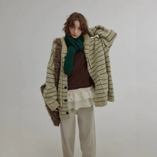 All Green Striped Cool Winter Cardigan Sweaters For Women