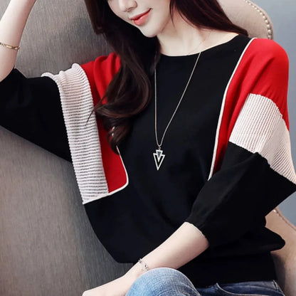 Elegant Contrast Color Patchwork Sweater – Office Lady Style, O-Neck 3/4 Sleeve Knitted Pullover for Women