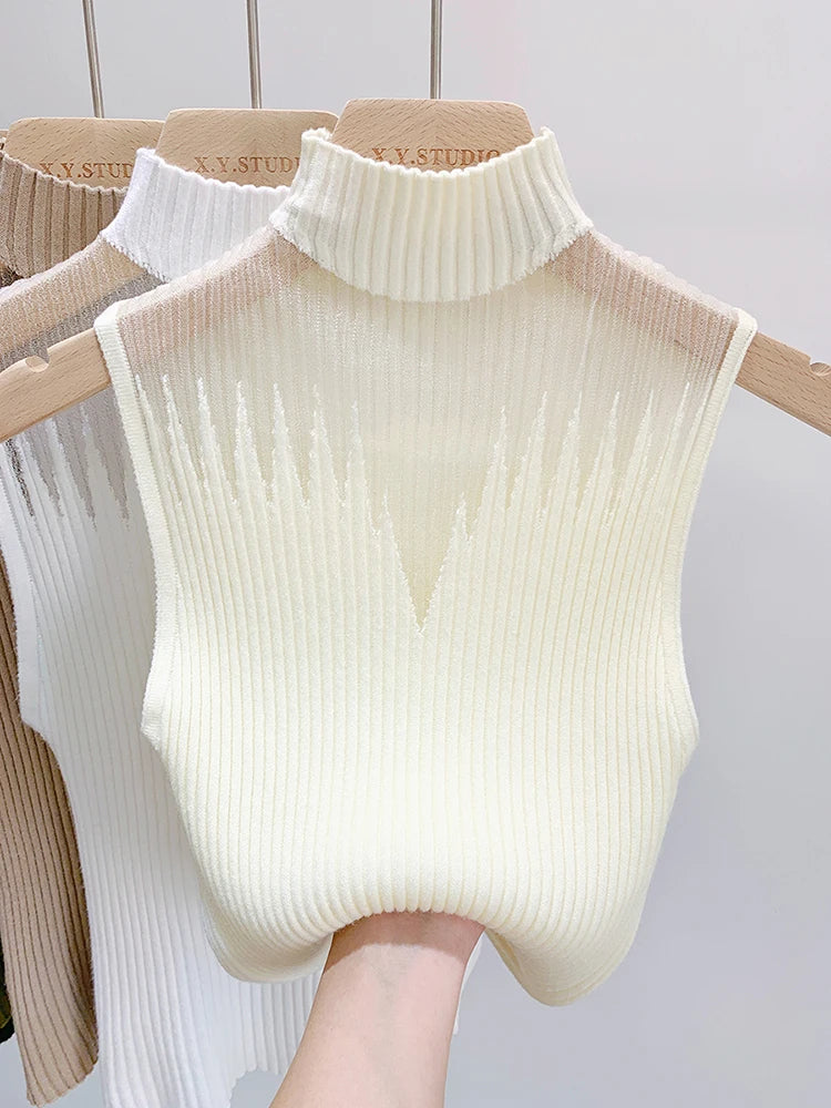 Half Neck Mesh Knitted Tops