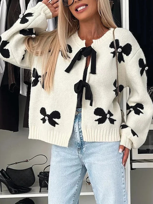 Bow Lace-Up Knitted Cardigan for Women, Preppy Hollow-Out Print O-neck Sweater, Autumn Long Sleeve Patchwork Lady Knitwear