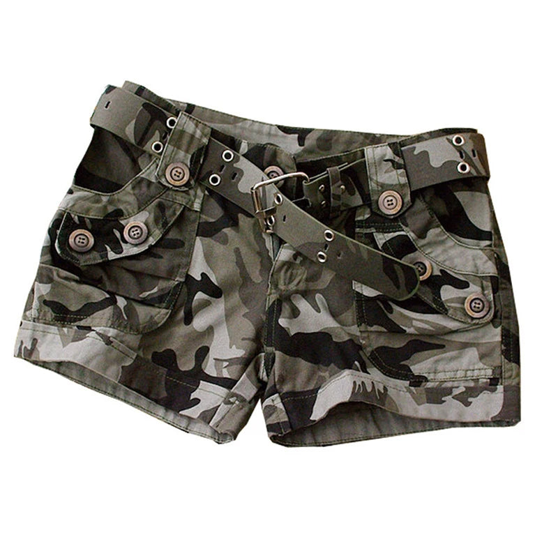 Women's Summer Camouflage Shorts Boho Chic Military Style, Plus Size Cotton Mini Jogging Shorts with Zipper Pockets