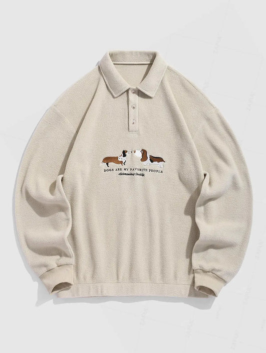 Men's Casual Dog Embroidery Polo Collar Sweatshirt