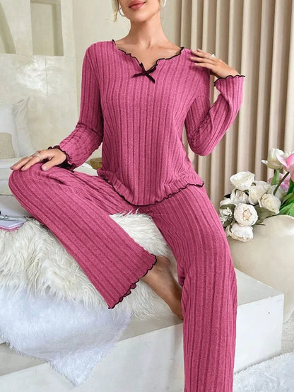 Women's Ribbed Pajama Set – Long Sleeve Top & Pants, Cozy Autumn Winter Loungewear & Sleepwear