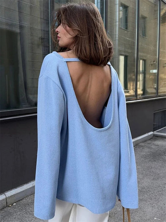 Women's Backless Casual Loose Knit Pullover Sweater